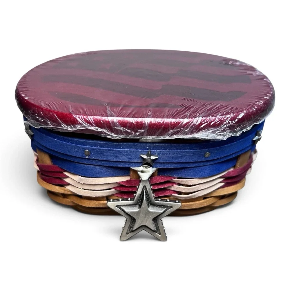 Longaberger 2009 NWT Stars & Stripes Basket Combo W/ Lid, Protector! Tie-On USA